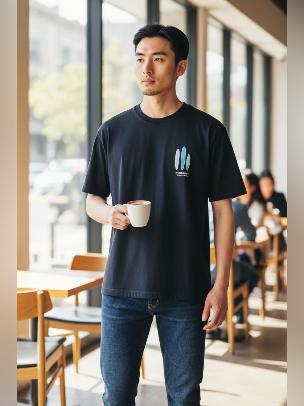 Burberry Black Tee with Blue Surfboard Motif